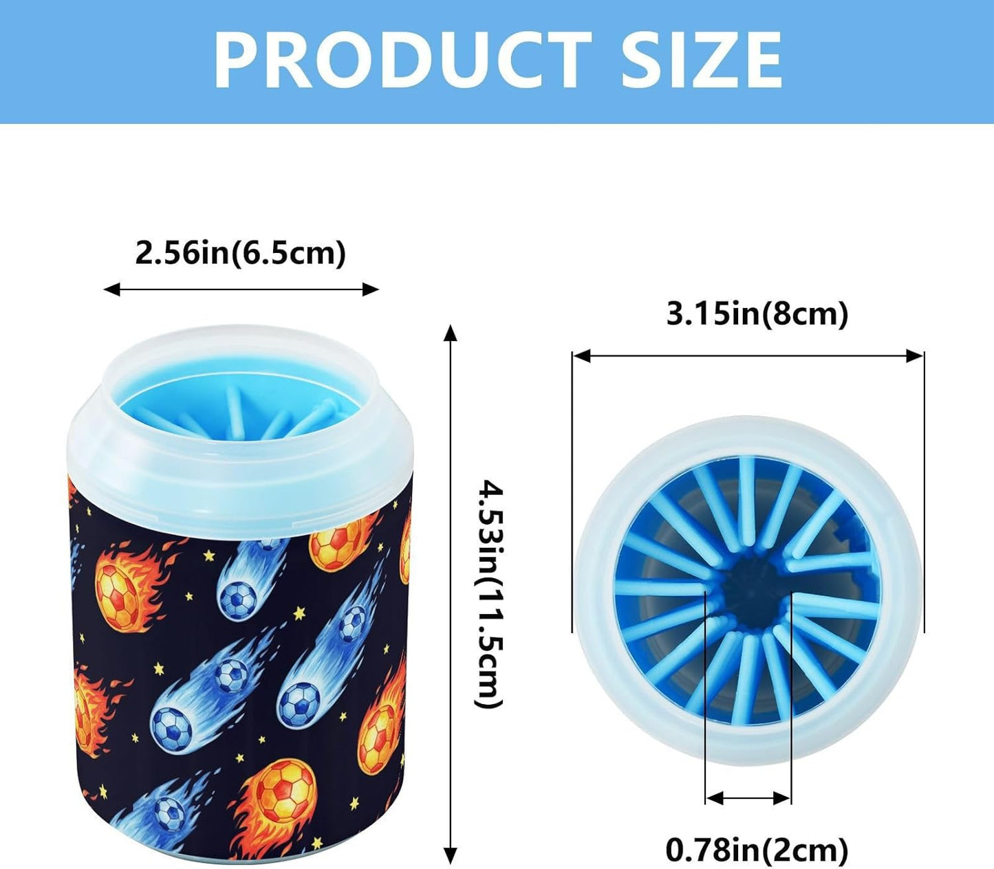 Space Soccer Black Pattern Dog Paw Cleaner Cup with Soft Silicone Brush, Small Portable Lightweight Muddy Paw Washer for Dogs, Easy to Use Pet Foot Cleaner