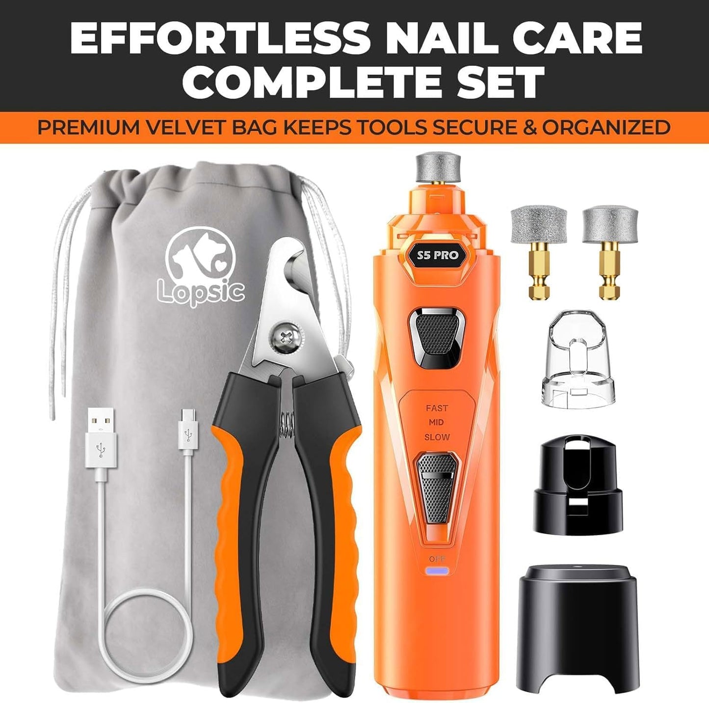 Whisper Quiet Dog Nail Grinder with 4 LED Lights, Safe & Stress-Free for Sensitive Dogs Cats of All Breeds & Sizes, 3 Grinding Bits, 3-Speed, Pet Nail Trimmers, Rechargeable Painless Grooming Kit