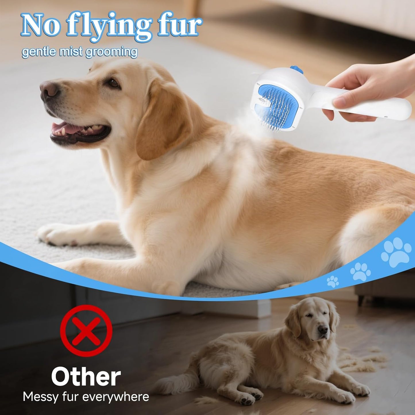 Pet Steam Brush for Dog & Cat - 3-in-1 Steam Grooming Brush for Shedding & Hair Removal - Self Cleaning Spray Comb with Mist for Long Haired Pets - Includes 1*Waterless Shampoo, Blue.