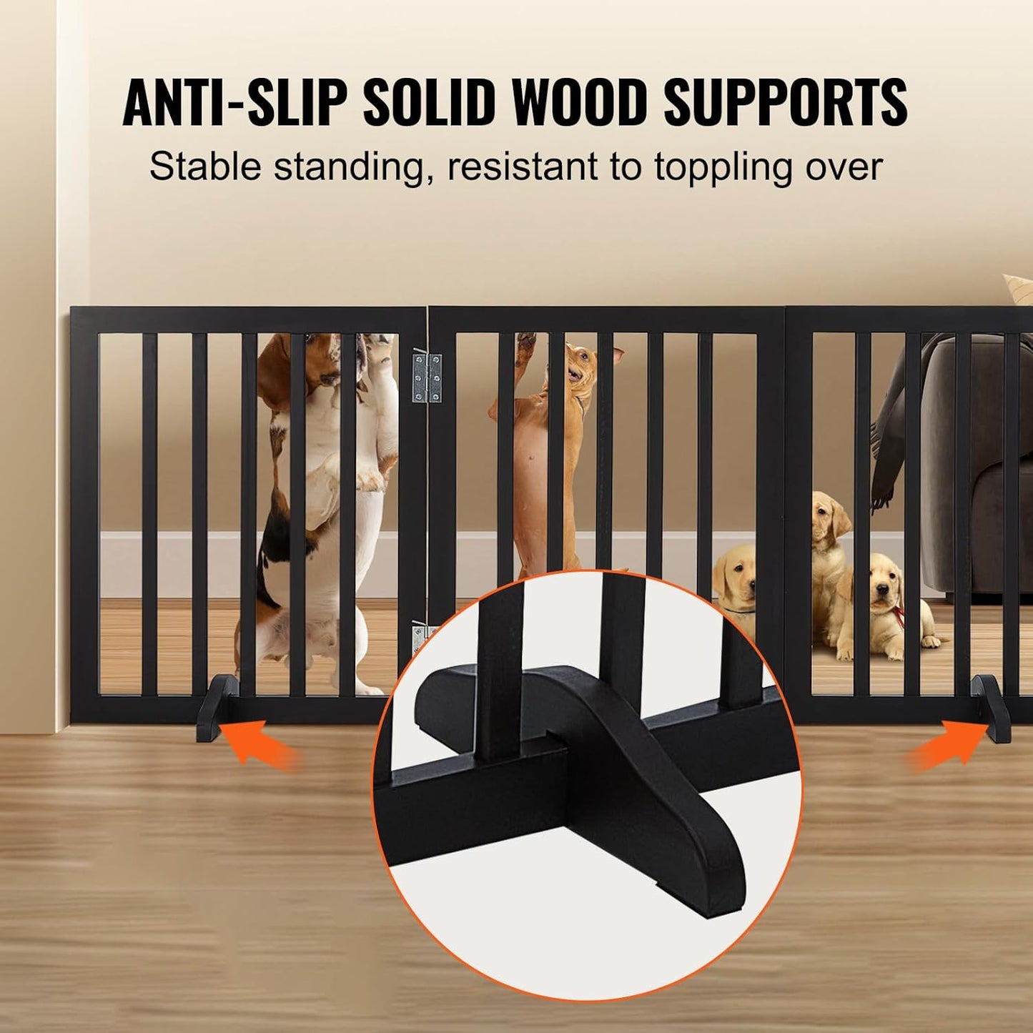 VEVOR Freestanding Pet Gate, Wooden 24" H x 80" W, 4-Panel Foldable Gate for Wide & Narrow Passageways, Expandable Dog Barrier with Silent Foot Support, White