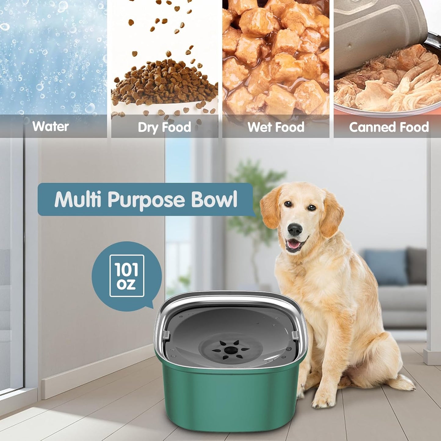 UPSKY 3L Dog Water Bowl 101oz Stainless Steel No Spill Large Capacity Dog Food Water Bowl Slow Water Feeder, Spill Proof Pet Water Dispenser Vehicle Carried Travel Water Bowl