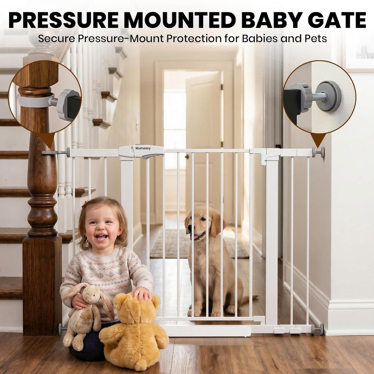 Mumeasy 29.7-46" Baby Gate for Stairs, Pressure Mounted Dog Gate for Doorways, Auto Close Walk Through Pet Gate Indoor, Extra Wide Metal Child Safety Gate, Mom's Choice Awards Winner, Black