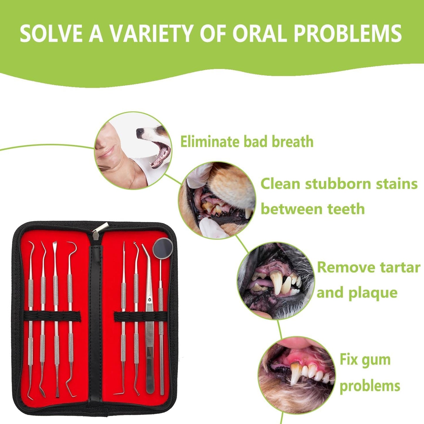Dental Tools Pet Dog Teeth Cleaner Tool Kit, Stainless Steel Plaque Remover Dental Picks Tooth Tartar Scraper, Pets Oral Care Hygiene Set for Cats and Dogs Use with Case