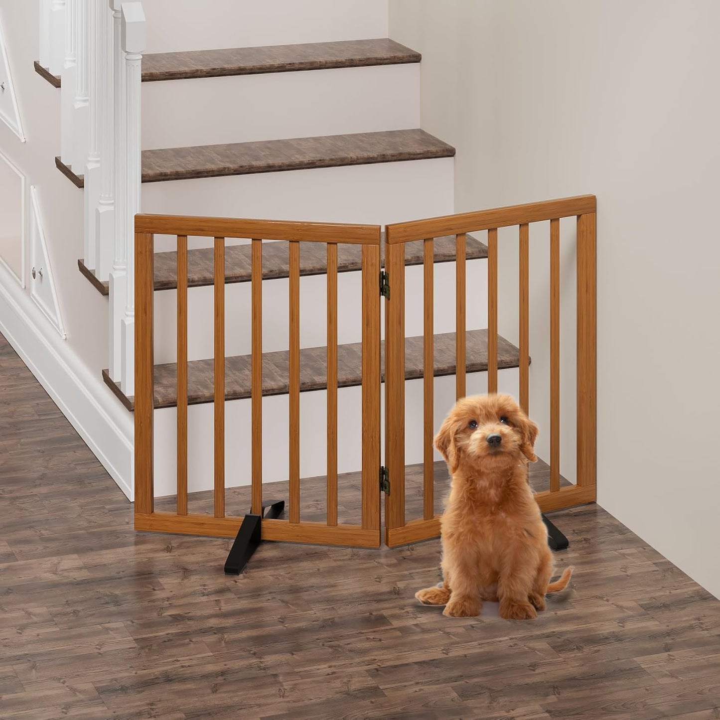 Freestanding Foldable Dog Gate - 4 Panel Room Divider with Metal Support Feet (Black)