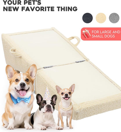 Dog Stairs for Small Dogs and Cats – 2-in-1 Dog Ramp for Couch and Low Bed, 16.5'' Foldable Wooden Pet Ramp, Sturdy Multi-Use Split Ottoman Design, Beige