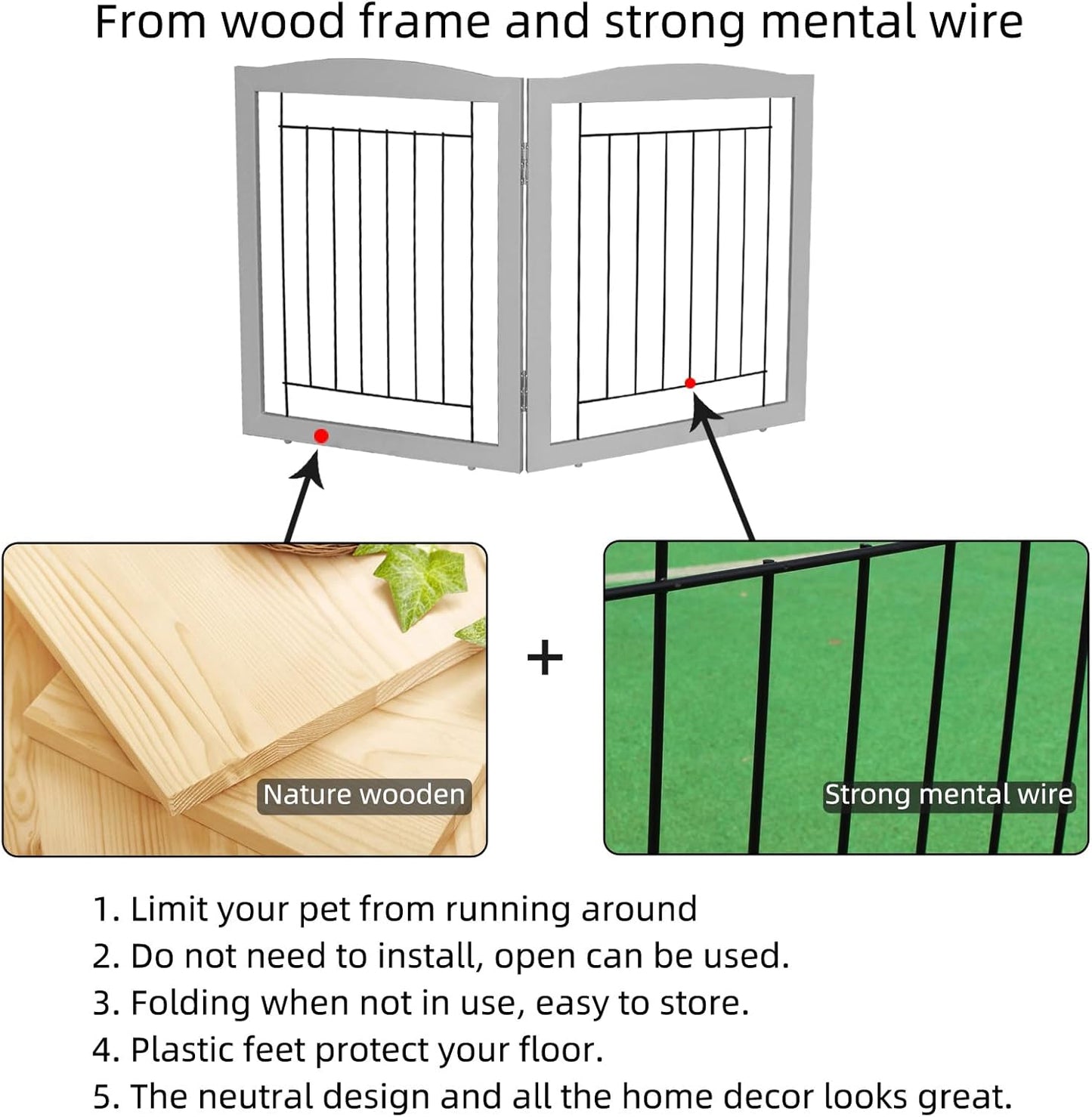 ZJSF Freestanding Foldable Dog Gate for House Extra Wide Wooden White Indoor Puppy Gate Stairs Doorways Pet Gate Tall Dog Fence 3 Panels Fence