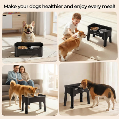 URPOWER 3-in-1 Elevated Dog Bowls - Mess Proof Double Deck 4 Height Adjustable Raised Stand with 2 Stainless Steel Food Bowls & Licking Plate for Small, Medium & Large Dogs