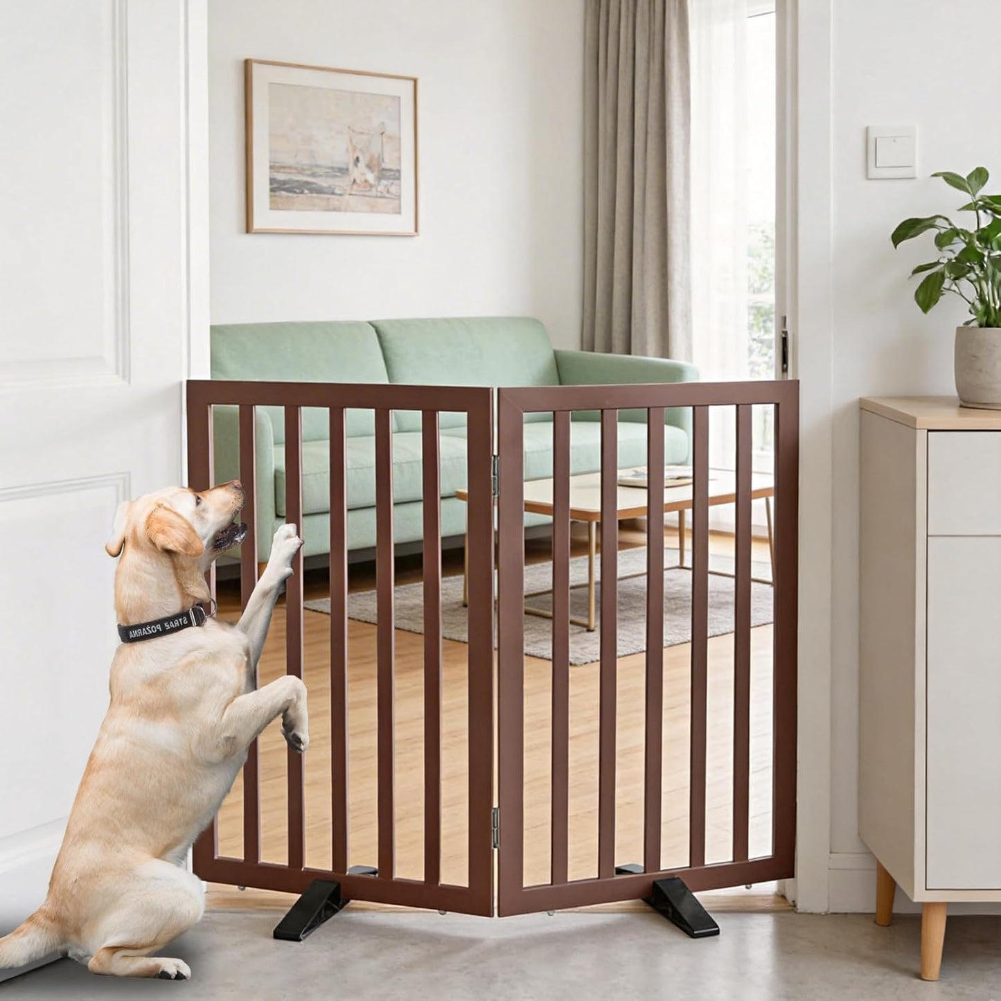 ZJSF Freestanding Indoor Dog Gate for House Foldable Wood Puppy Gate for Doorways Pet Gate for Stairs Extra Wide Pet Fence, Brown, 24" Height 3 Panels