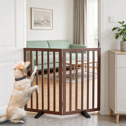 ZJSF Freestanding Indoor Dog Gate for House Foldable Wood Puppy Gate for Doorways Pet Gate for Stairs Extra Wide Pet Fence, Brown, 24" Height 3 Panels