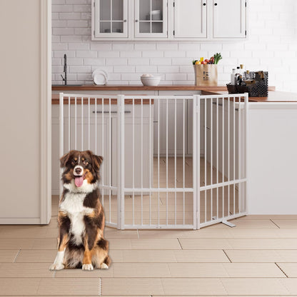 4 Panels Full Metal Freestanding Dog Gates with Door, 80” W x 32” H Folding Pet Gate Fence with Support Feet for Indoor,Stairs, Hallways and Doorways(Black)