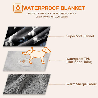 Waterproof Dog Blankets Pet Blanket 50"x60", Soft Fluffy Sofa Car Bed Protector, Reversible Sherpa Fleece Dog Blanket for Large Dogs (Dark Grey-Paws)