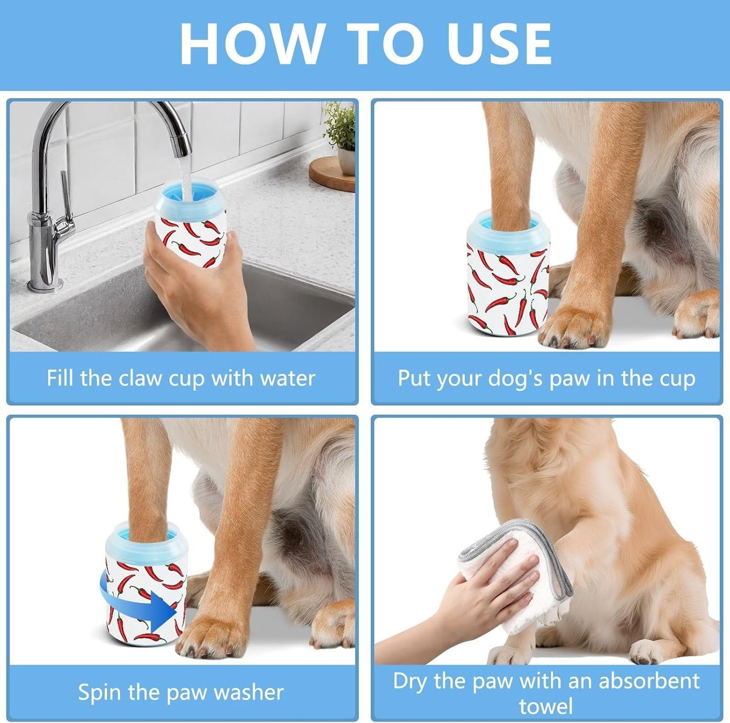Peppers White Pattern Dog Paw Cleaner Cup with Soft Silicone Brush, Portable Small Lightweight Muddy Paw Washer for Dogs, Easy to Use Pet Foot Cleaner