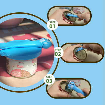 Pet Can Opener & 3 Pcs Cat Food Can Lids | Universal BPA Free Silicone Covers & Multi-Function Wet Food Spoon for Cat and Dog Food(Dark Blue)