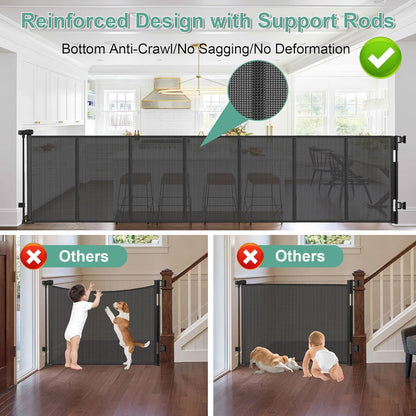 96 Inch Wide Reinforced Retractable Baby Gate with Support Rods, Extra Long Dog Gate Retractable Gate Outdoor Gates for Decks, Prevent Crawling Under Extra Long Baby Gates for Large Openings, Black