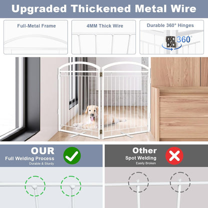 Full Metal Free Standing Dog Gate with Door for Indoor & Outdoor,96'' Extra Wide 32'' Tall Dog Gate for The Doorways,Large Openings,Decks,Porch,Pet Freestanding Safety Fence(4 Panels,Black)