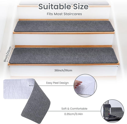 Extra Wide Non Slip Stair Treads for Wooden Steps – 15 Pack 9" x36'' Extra Wide Carpet Runners with Reusable Adhesive, Step Pads for Dogs, Kids, Seniors, Machine Washable – Geige