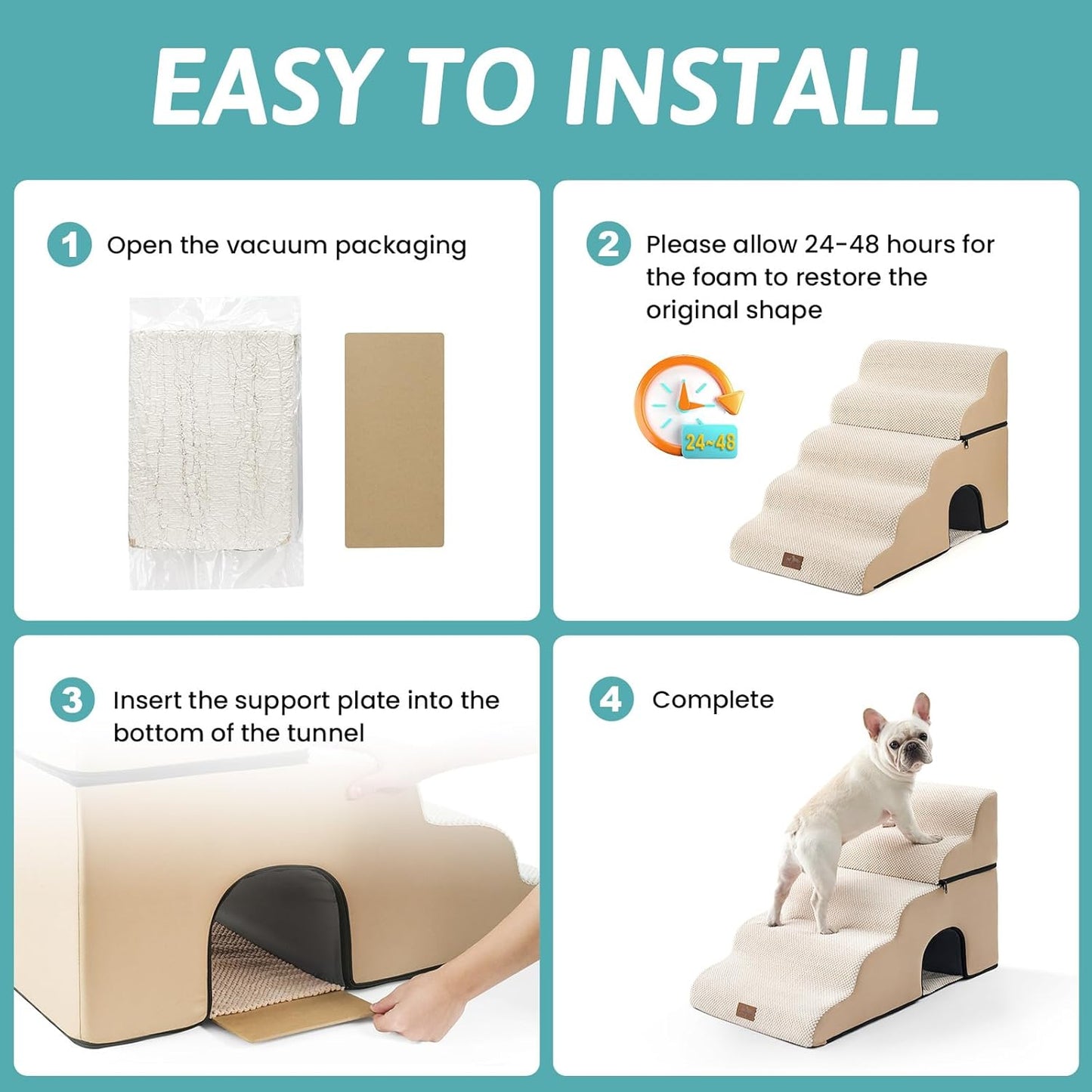 COZY KISS Extra Wide Dog Stairs with Tunnel, Foam Detachable Large Dog Step for Small Pet, Puppy or Cats, Medium Pet Ramp for High Bed, Couch, Sofa or Car, 19.7x33x22.4 inch, 5 Step, Beige