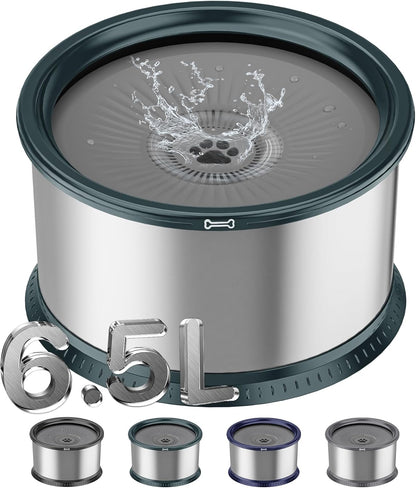 1.6 Gallon Dog Water Bowl, 6.5L/220oz Stainless Steel No Spill Water Bowl for Large Dogs, Super Large Capacity Splash Proof Pet Slow Drinking Water Bowl with Anti-Slip Mat for Mess Drinkers
