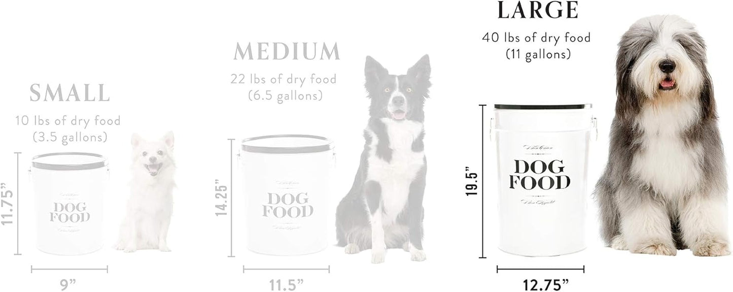 Harry Barker Bon Chien Dog Food Storage Canister – Large 11 gallon, Airtight Stainless Steel Pet Food Container, Stylish Kitchen Counter Dog Kibble Storage with Easy-Open Lid - White