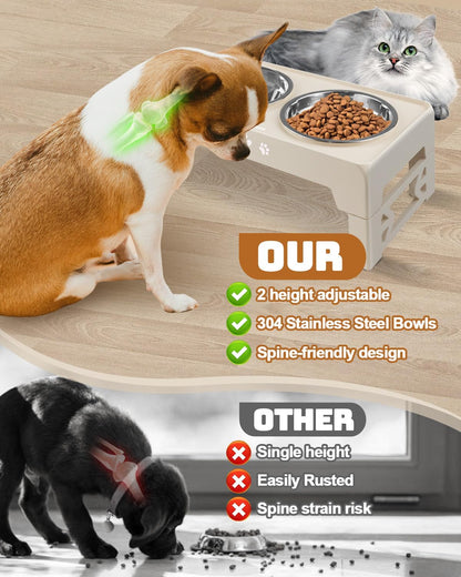 Jovrun Elevated Dog Bowls for Small Dogs and Cats, Non-Slip Cat Bowls with 2 Thick 5.5" Stainless Steel Dishes, Dog Feeder 2 Heights Adjustable to 2.6"-5.3"