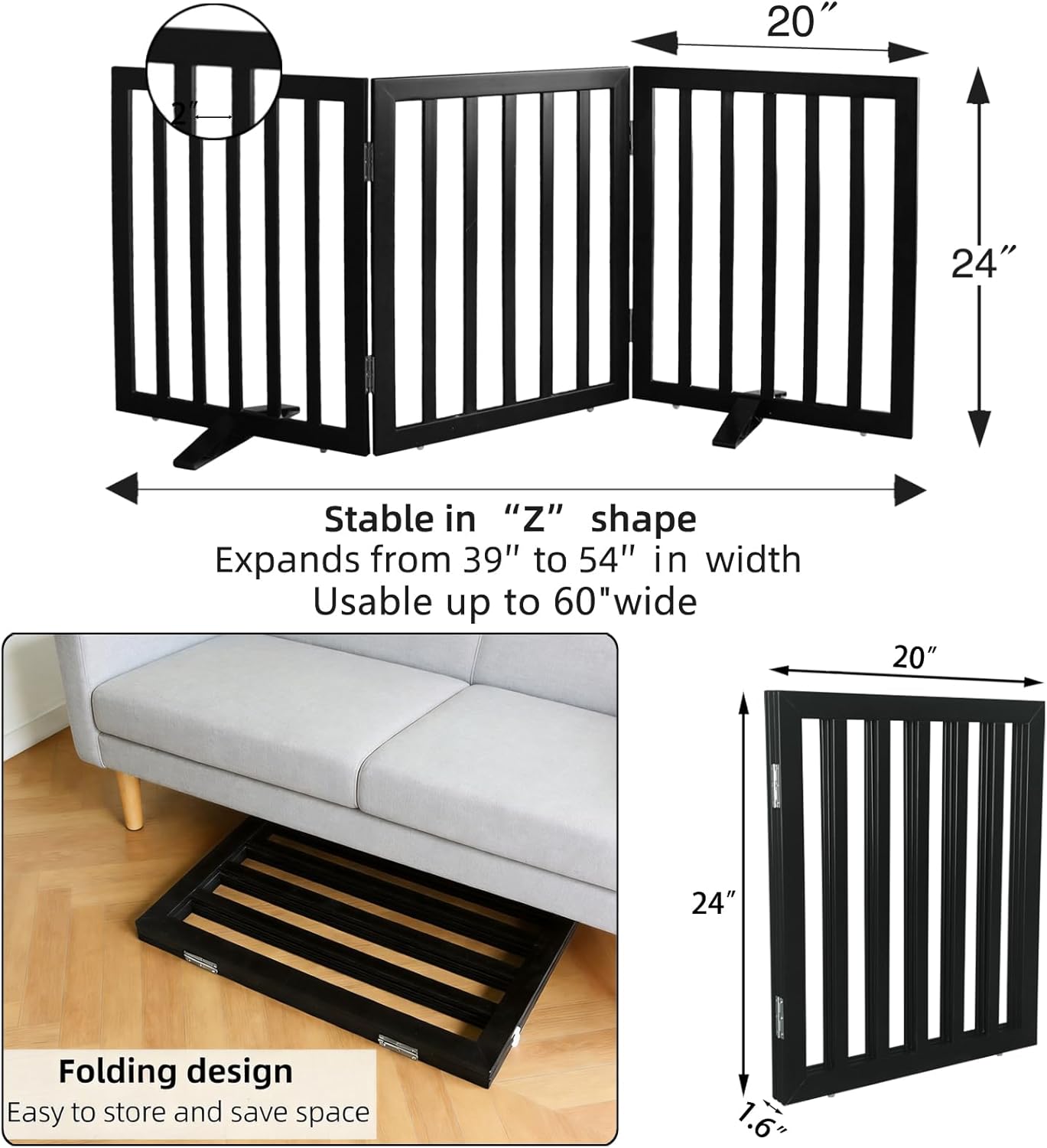 ZJSF Freestanding Indoor Dog Gate for House Foldable Wood Puppy Gate for Doorways Pet Gate for Stairs Extra Wide Pet Fence, Brown, 24" Height 3 Panels