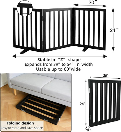 ZJSF Freestanding Indoor Dog Gate for House Foldable Wood Puppy Gate for Doorways Pet Gate for Stairs Extra Wide Pet Fence, Brown, 24" Height 3 Panels