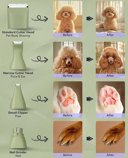Dog Clippers Grooming Kit, 4 in 1 Quiet Cordless Dog Paw Trimmer & Nail Grinder, Small Cat Clippers Electric Rechargeable Low Noise Pet Shaver for Trimming Hair on Paw Eye Ear Face Rump (Pink)