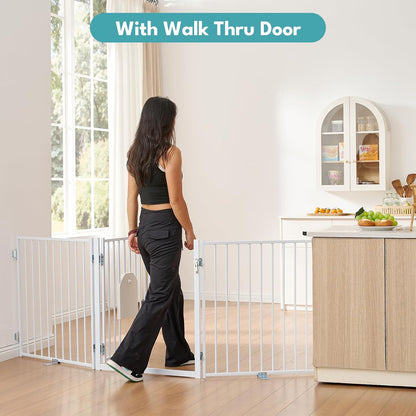 No Pawblems Dog Gate with Cat Door, Free Standing 30'' Tall Foldable Dog Fence for Indoor & Outdoor, Up to 156 Inch Extra Wide Puppy Gate for Stairs, Hallways, Doorways, Deck, Yard (Black, 6 Panels)