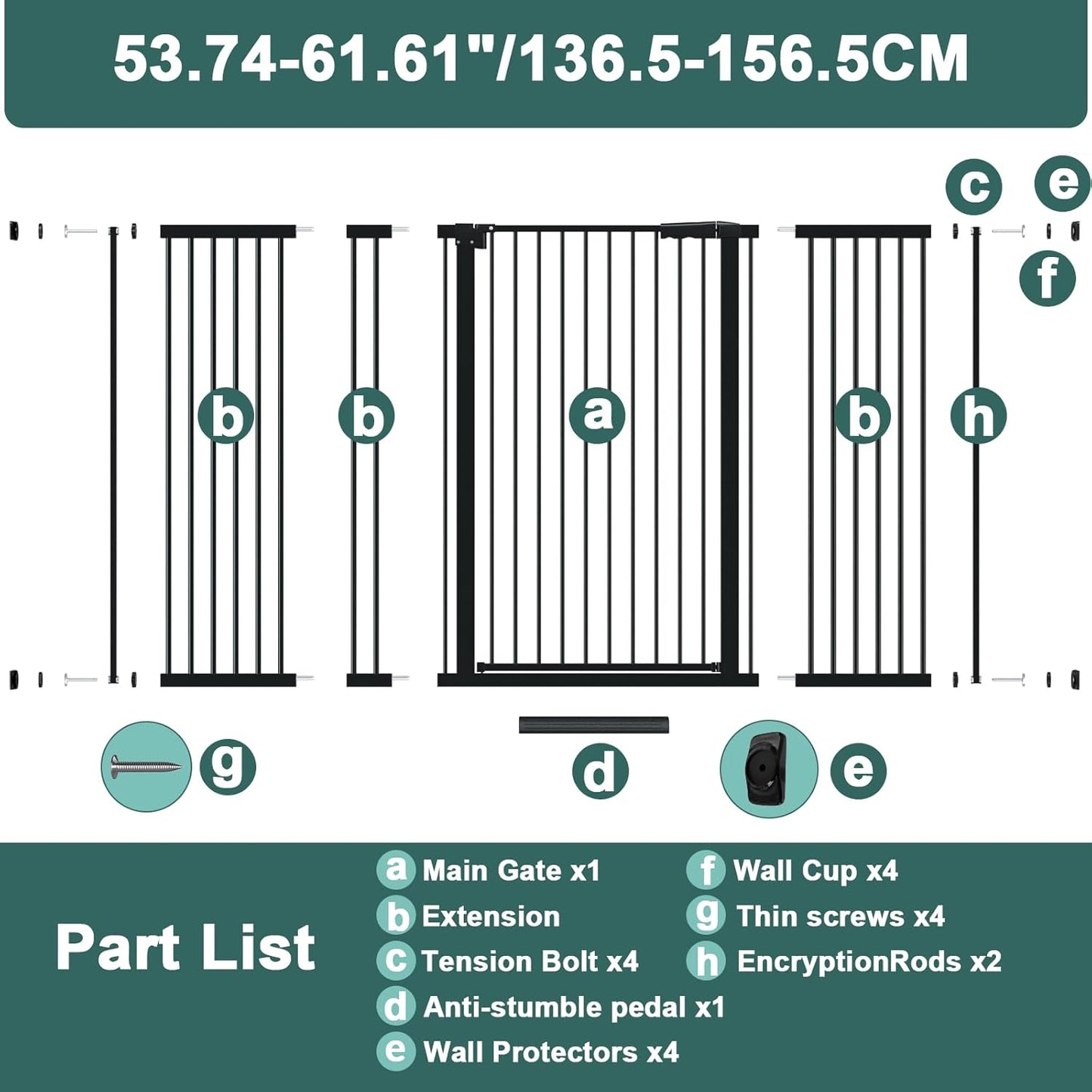 AiWMGL 40.55" Tall, 53.74-61.61 Inch Wide, 1.37" Ultra Narrow Spacing Dog Pet Baby Gate Indoor for Doorway Hallway, Pressure Mounted 54 55 56 57 58 59 60 61 Inches Wide