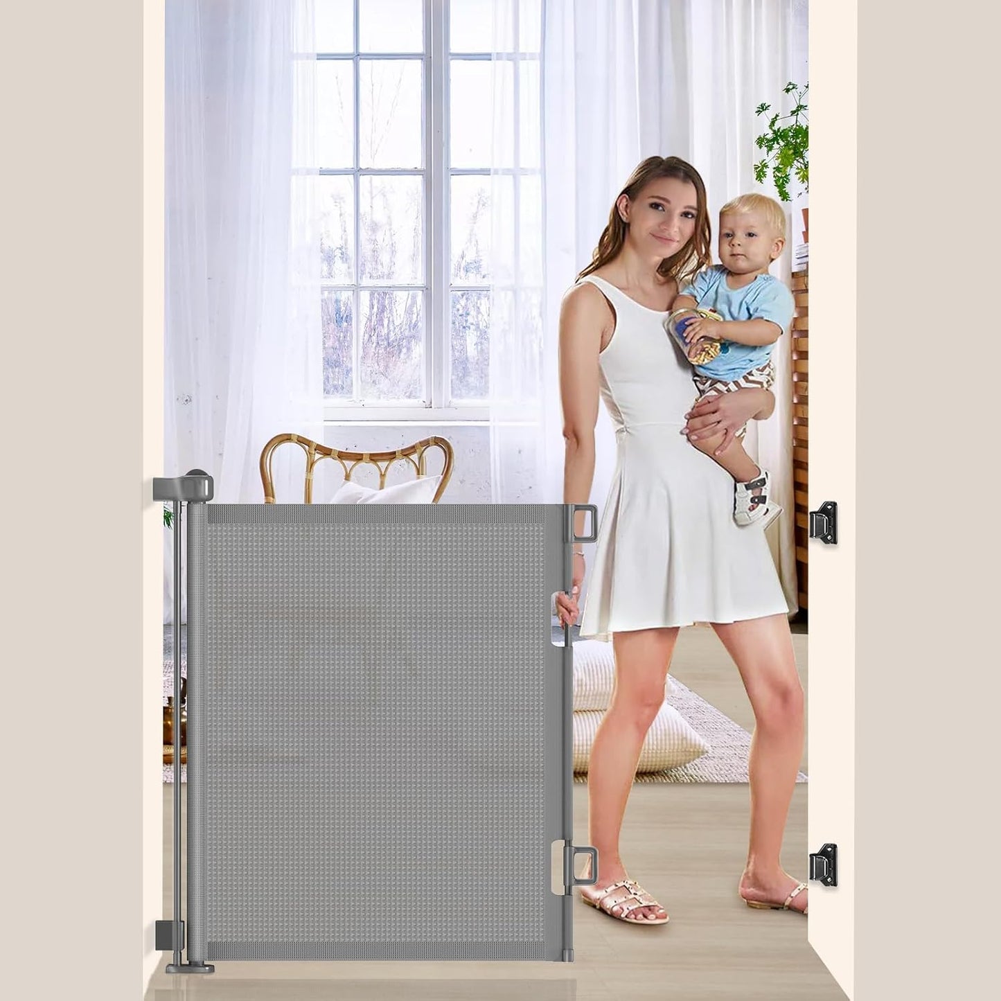 Upgrade 120 inch Retractable Baby Gates, EZIGO Extra Wide Baby Gate for Large Opening Extra Long Mesh Gate for Kids or Pet Dog Gate Child Safety Gate for Stairs Hallways Doorway Indoor Outdoor, Gray
