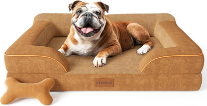 CWAWZ Extra Large Dog Bed, Orthopedic Dog Bed with Cooling Gel Memory Foam, Waterproof XL Pet Bed with Removable Washable Cover, 42" Pet Sofa Couch Dutch Velvet with Bone Toy, Light Gray