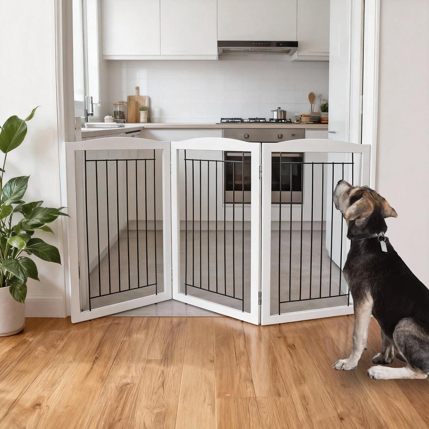 ZJSF Freestanding Foldable Dog Gate for House Extra Wide Wooden White Indoor Puppy Gate Stairs Doorways Pet Gate Tall Dog Fence 3 Panels Fence