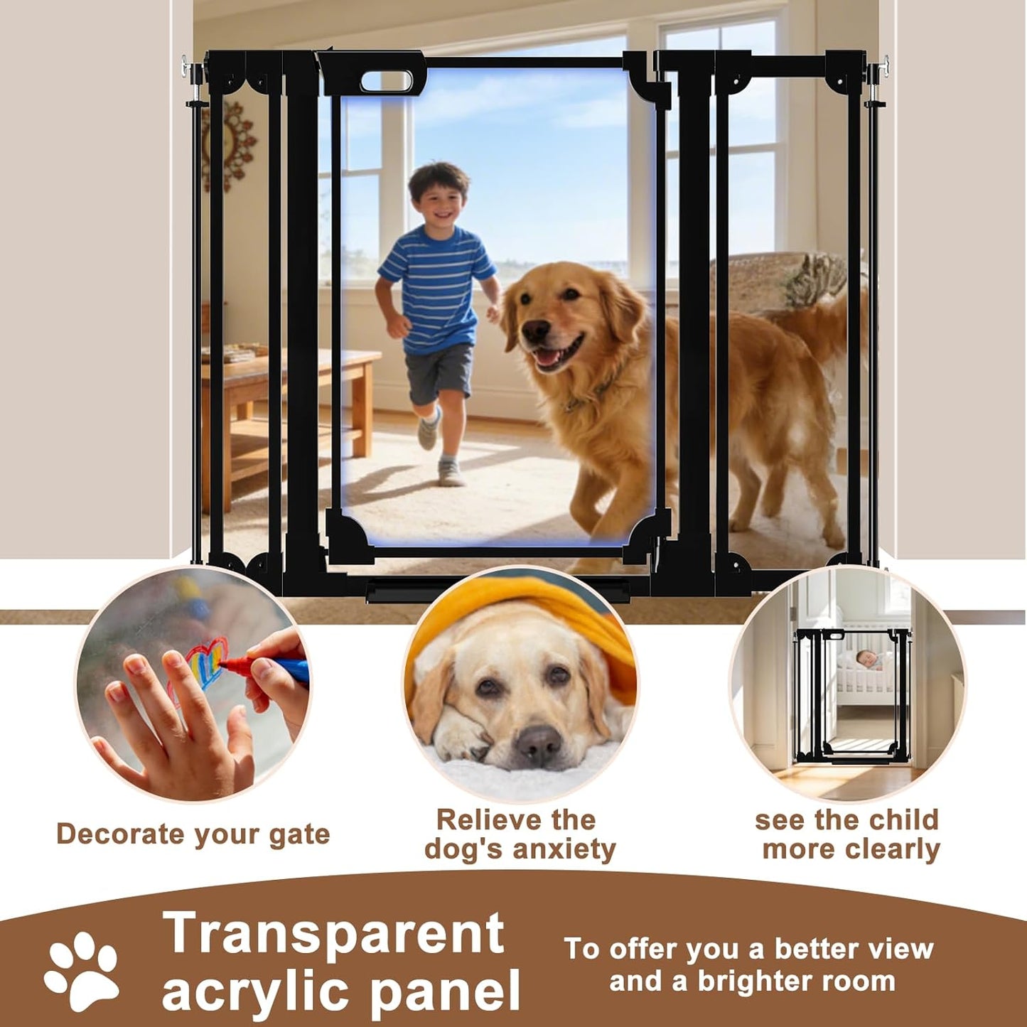 WAOWAO Clear Baby Gate for Stairs Modern Design Acrylic Auto Close Pet Gate, 29.52-37.79" Wide Safety Baby Gate for Doorways,White Clear Dog Gates Indoor, Hallways,Kitchen