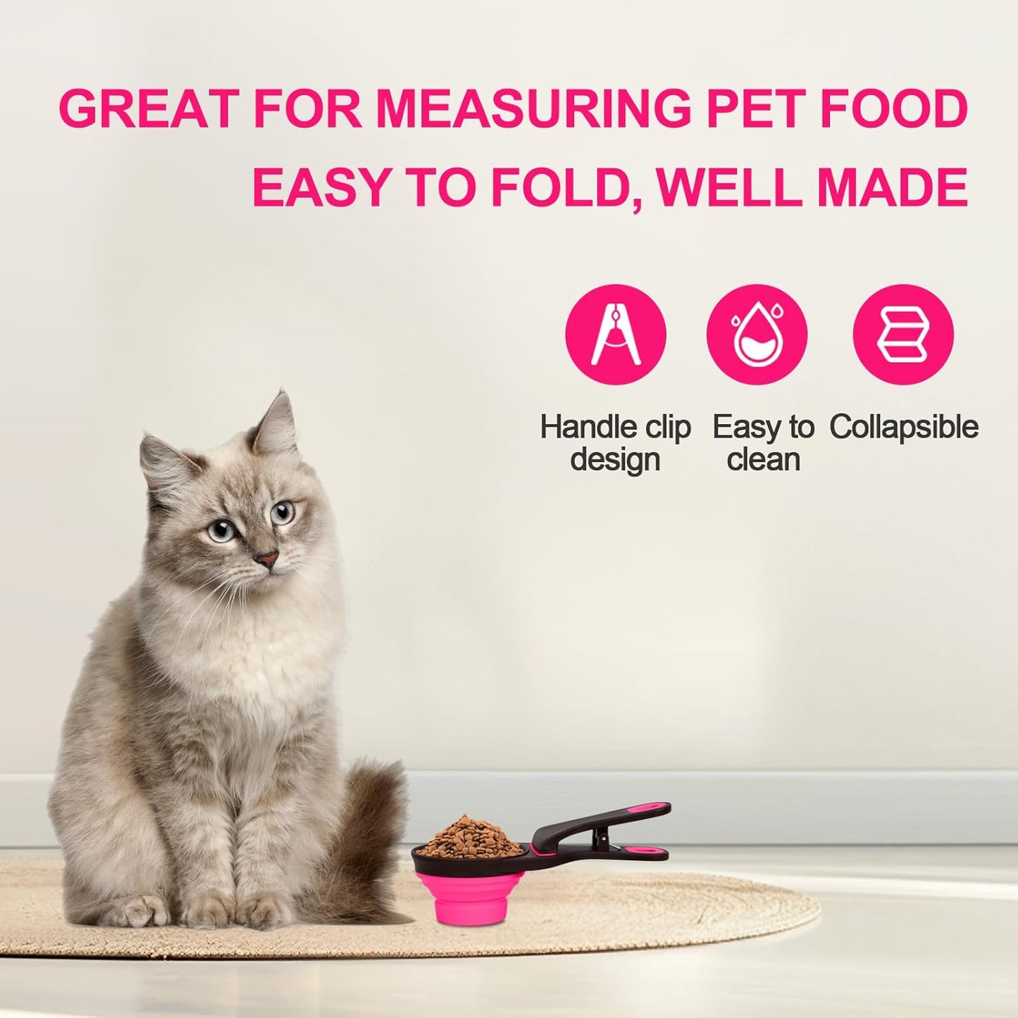Collapsible Silicone Dog Food Scoop Foldable Pet Food Measuring Cup with Bag Clip 3 in 1 Multi-Function Silicone Dog Food Scooper (Rose Red, Medium)