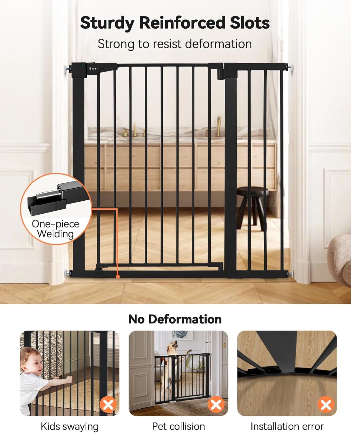 COMOMY 36" Extra Tall Baby Gate for Stairs and Doorways - Fits 29.5" to 48.8" Wide Openings, Auto Close Extra Wide Dog Gate for House, Pressure Mounted Easy Walk Through Pet With Door, Black