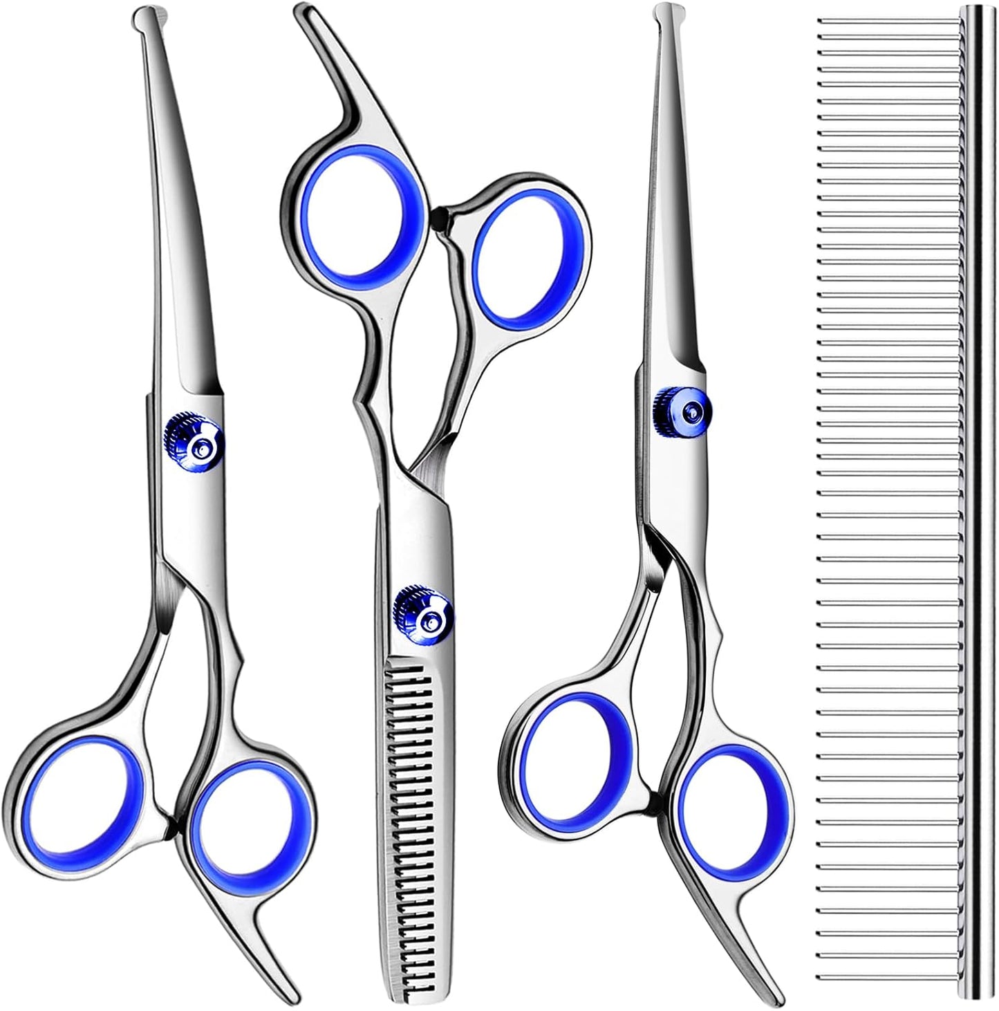 FAIGEO Dog Grooming Scissors with Safety Round Tips Stainless Steel Professional Dog Grooming Kit - Thinning, Curved Scissors and Comb for Cat Pet (Pink 4 in 1)