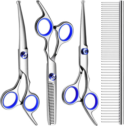 FAIGEO Dog Grooming Scissors with Safety Round Tips Stainless Steel Professional Dog Grooming Kit - Thinning, Curved Scissors and Comb for Cat Pet (Pink 4 in 1)