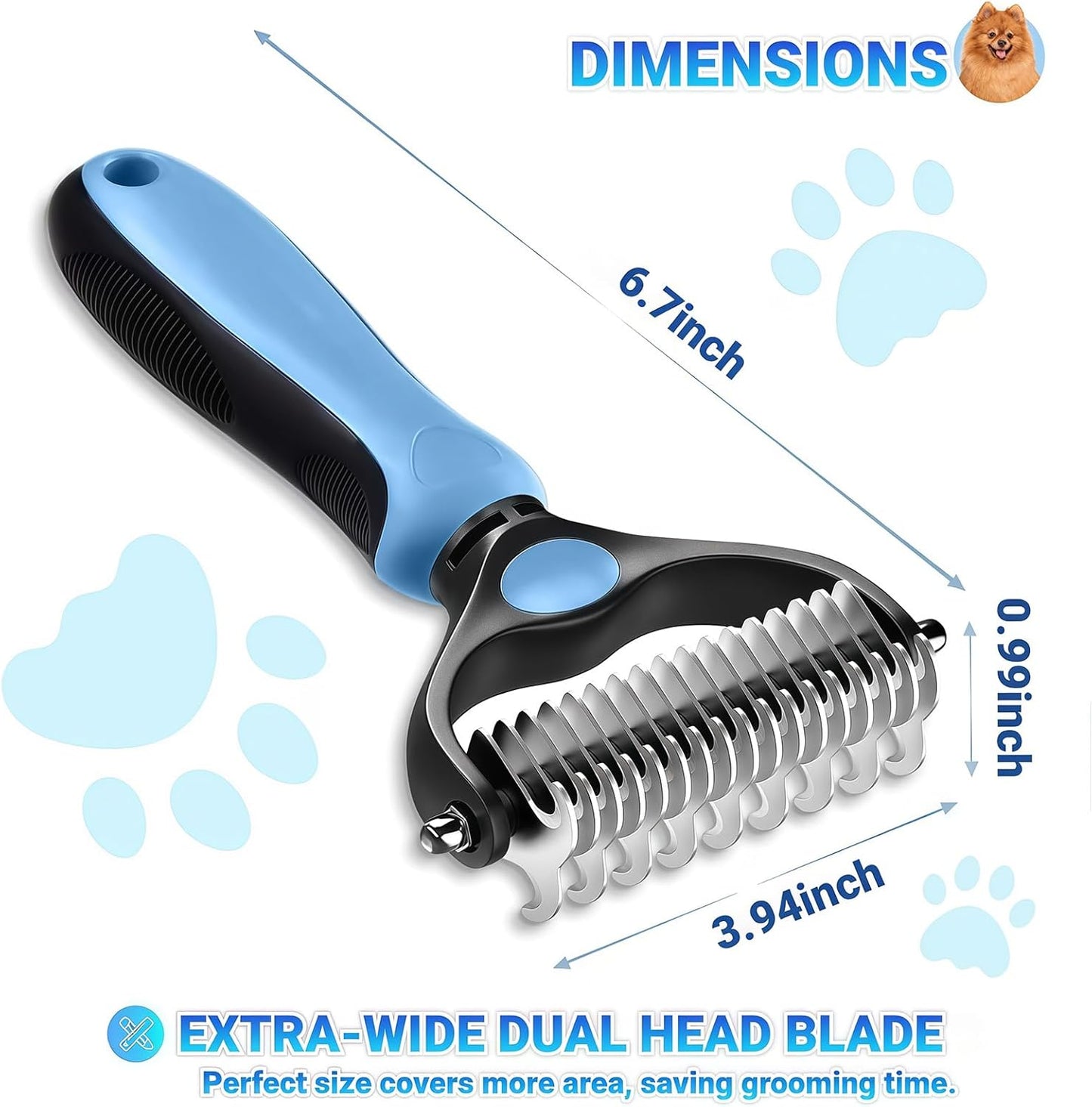 2026 New Double-Sided Deshedding Dematting Tool, Undercoat Rake for Dogs & Cats, Extra-Wide Dog Grooming Brush & Deshedder Comb for Long Hair (Blue)