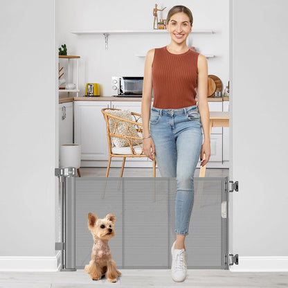 Short Dog Gate 0"-39" Wide Narrow Baby Gate 24” Tall Retractable Short Pet Gate to Step Over Short Baby Gate for Doorway, Low Pet Gate Indoor Doggie Gates Mesh Puppy Gate for Stairs, Black