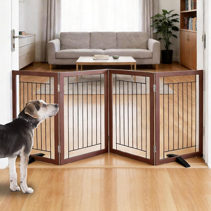 ZJSF Freestanding Dog Gate Indoor, Foldable Dog Fence for Doorways,Hallways or Stairs, Sturdy Wood Extra Wide Pet Gate with Support Feet,Black,24 "Height-3 Panels