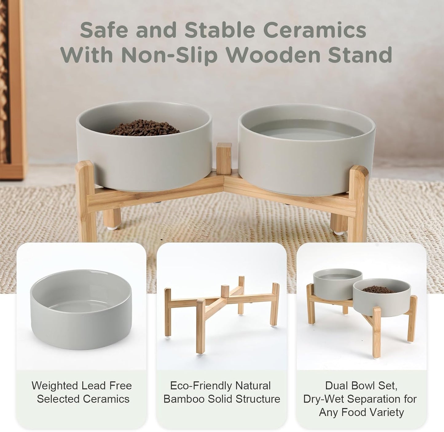 SPUNKYJUNKY Elevated Dog Bowls Ceramic, 6.1'' Dogs and Cat Food Water Bowls Raised with Non-Slip Bamboo Stand for Medium Sized Breed Microwave Dishwasher Safe - 28.7 OZ,Beige