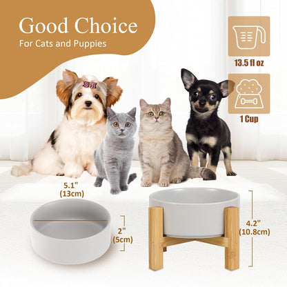 Elevated Ceramic Cat Bowl - Cat Food Bowl with Bamboo Stand - Raised Dog Dish for Puppies - Anti Vomiting, Stress Free - 13.5 oz / 400 ml - White