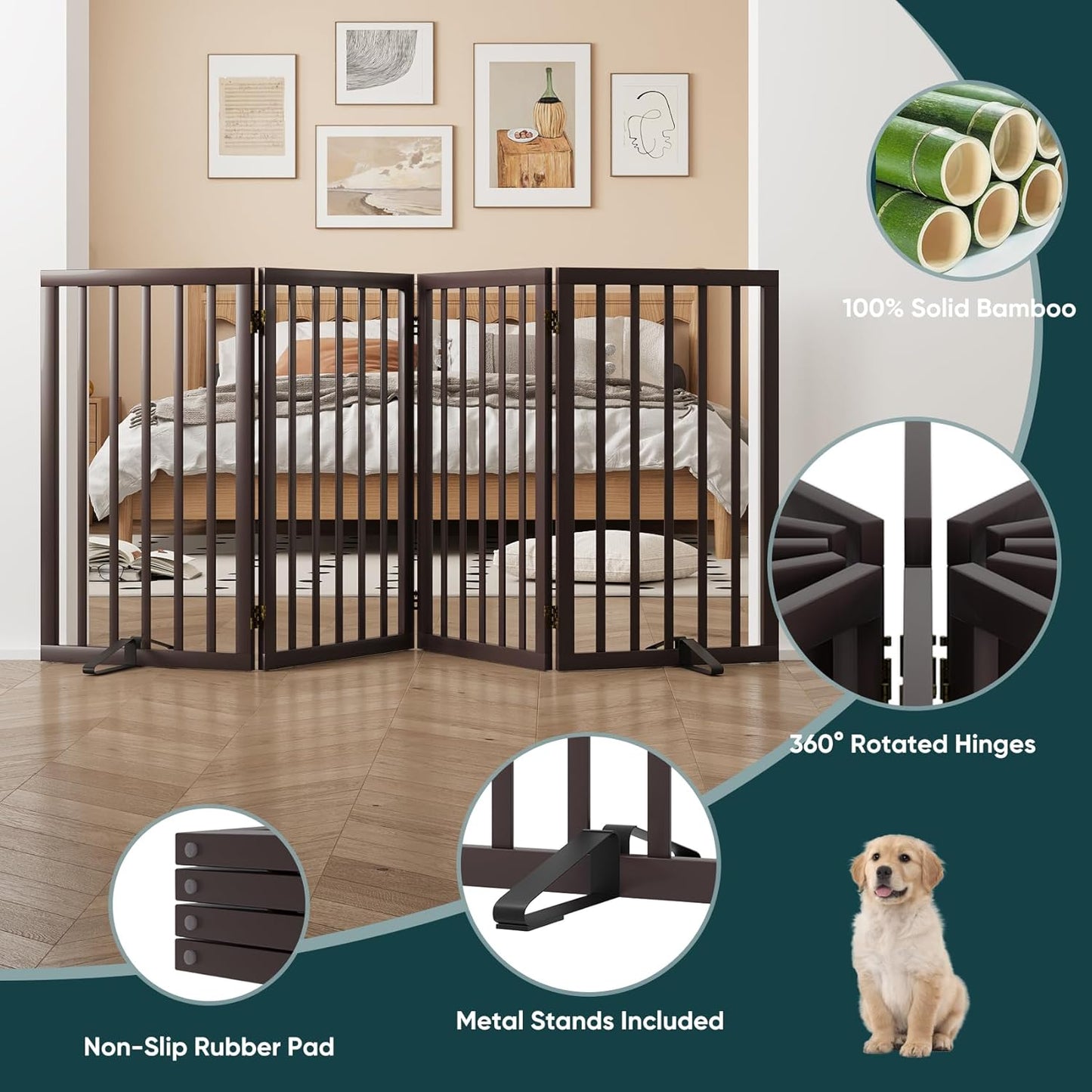 Freestanding Dog Gates Indoor, 3-Panel Pet Gates with 2 Metal Stands and 360° Hinge, 24" H Foldable Dog Gate for Stairs, Doorway, Kitchen, Expands Up to 55" Fully Assembled - Black Walnut