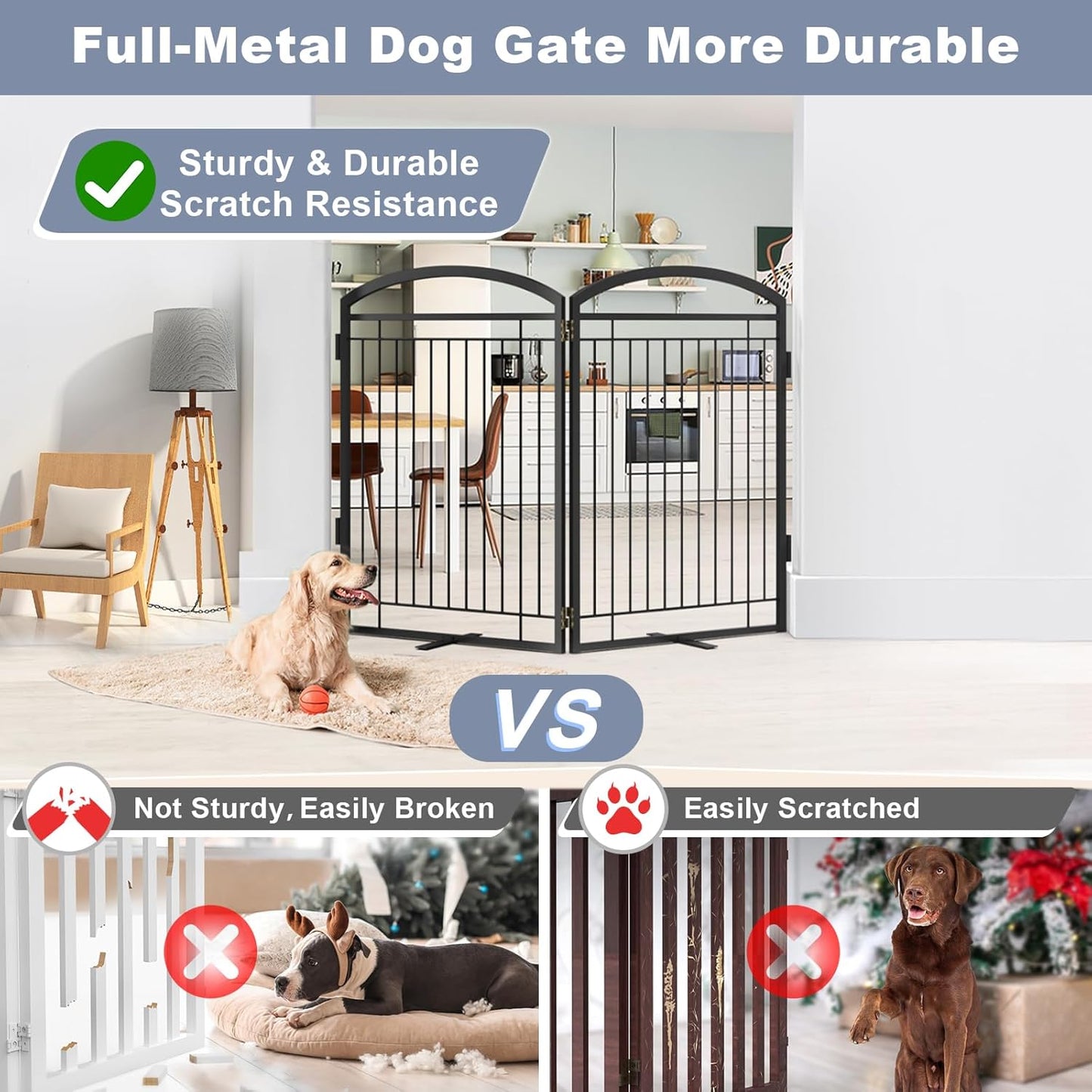 Full Metal Free Standing Dog Gate with Door for Indoor & Outdoor,96'' Extra Wide 32'' Tall Dog Gate for The Doorways,Large Openings,Decks,Porch,Pet Freestanding Safety Fence(4 Panels,Black)