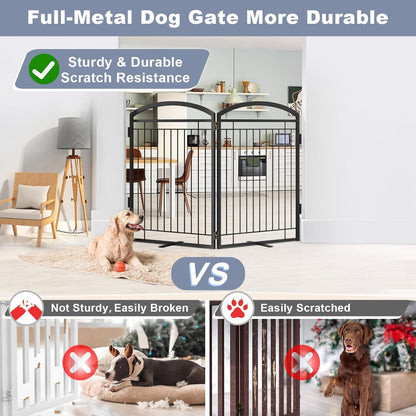 Full Metal Free Standing Dog Gate with Door for Indoor & Outdoor,96'' Extra Wide 32'' Tall Dog Gate for The Doorways,Large Openings,Decks,Porch,Pet Freestanding Safety Fence(4 Panels,Black)
