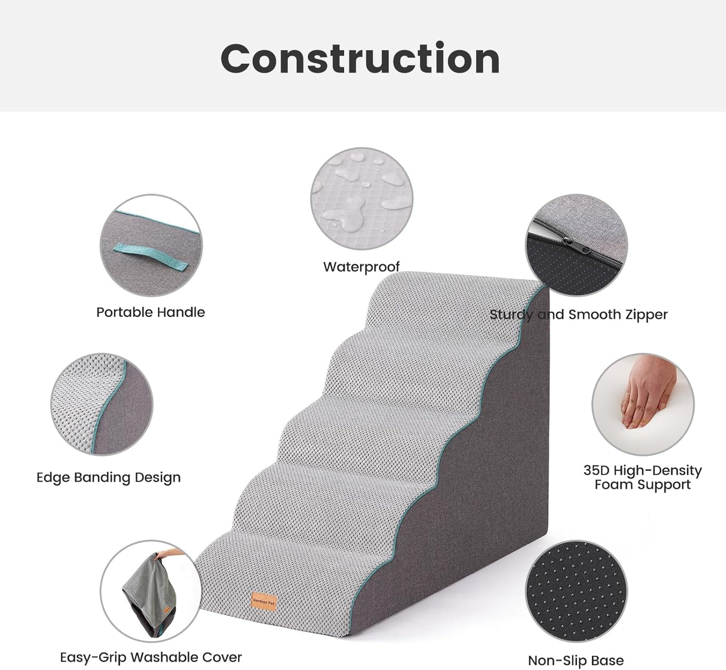 Gardner Pet 4-Step Dog Stairs for Small Dogs 18.5" H, Curved 4-Step Pet Stairs, Dog Steps for High Bed (18-20 in), Couch with Durable Non-Slip Waterproof Fabric Cover and CertiPUR-US Certified Foam