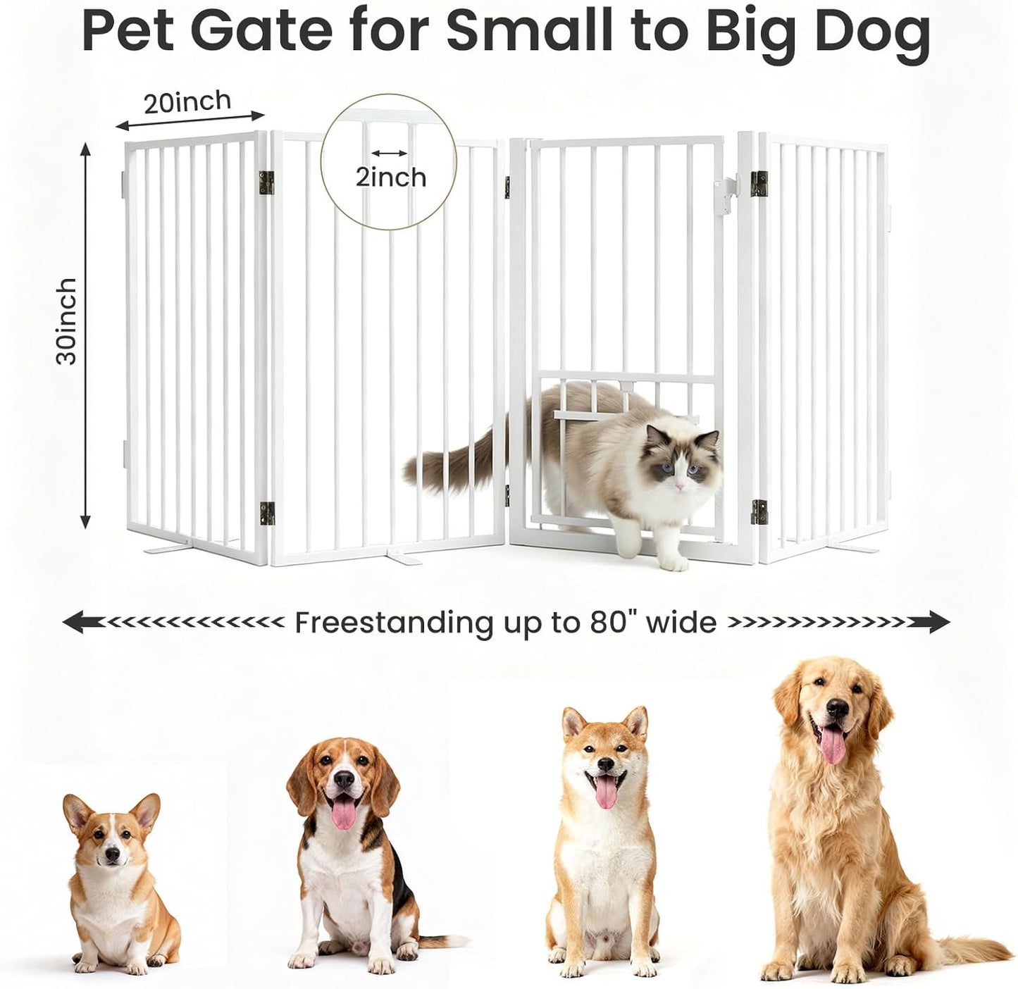 Metal Freestanding Dog Gate with Cat Door for Outdoor Indoor,80" Extra Wide Foldable Pet Fence,30" Tall Dog Gate for Large Opening,Stairs,Hallways,Doorways,Deck,Yard,with 3PCS Support(4 Panels,Black)