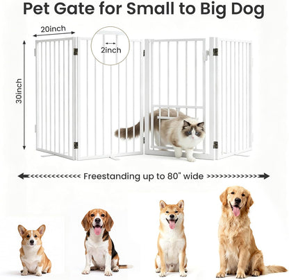 Metal Freestanding Dog Gate with Cat Door for Outdoor Indoor,80" Extra Wide Foldable Pet Fence,30" Tall Dog Gate for Large Opening,Stairs,Hallways,Doorways,Deck,Yard,with 3PCS Support(4 Panels,Black)