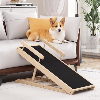 Dog Ramp for High Bed, Couch, Car, Pet Ramps 55.12" Long Adjustable 19.3"-27.17" Wooden Dog Step with Anti-slip Rubber Mat & Safety Side Rails for Small Medium Large Older Pets, up to 250 lbs