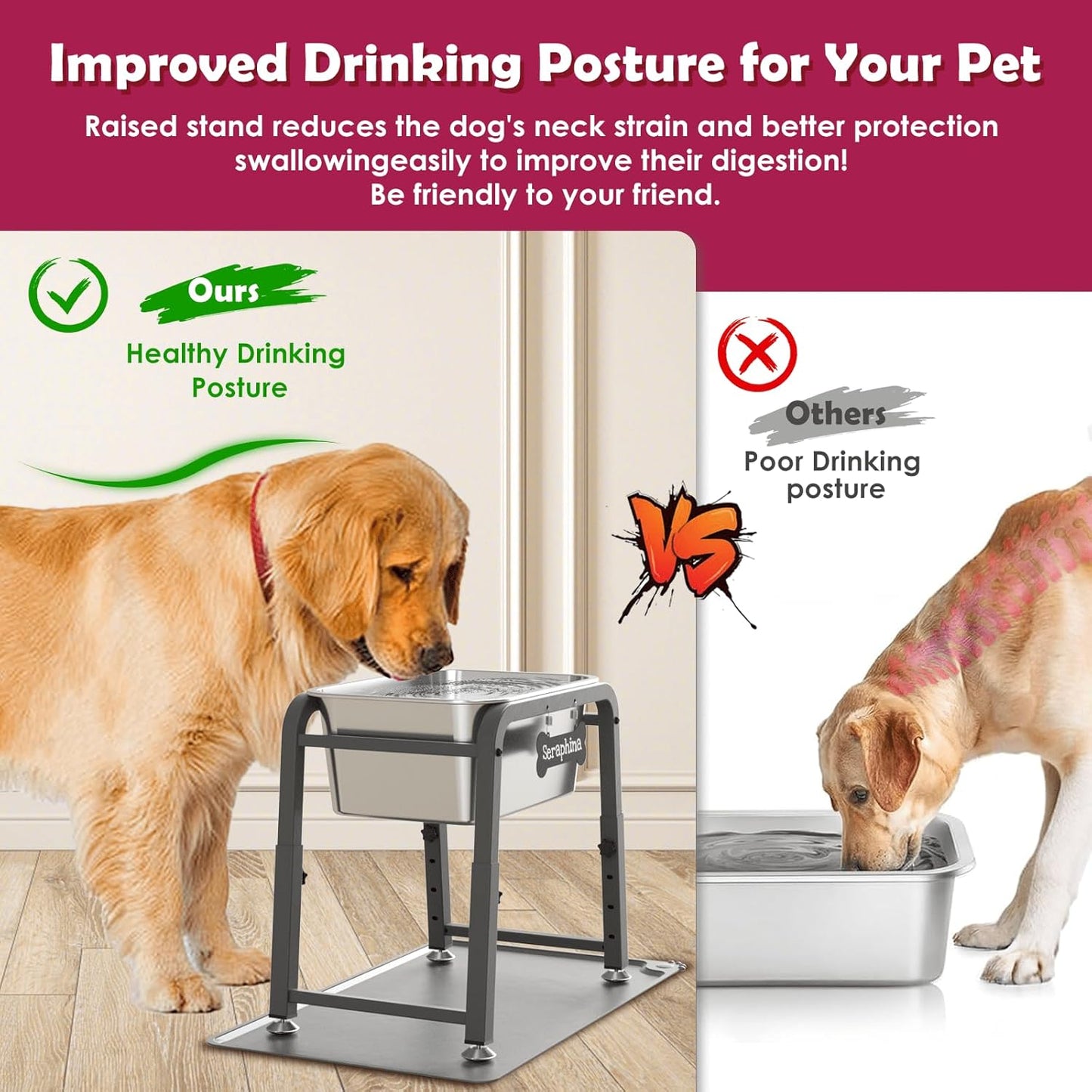 1.2 Gallon Elevated Large Dog Water Bowl with Mat, 4 Height Adjustable 12-17", Raised Dog Water Bowl Stand for Large Breed